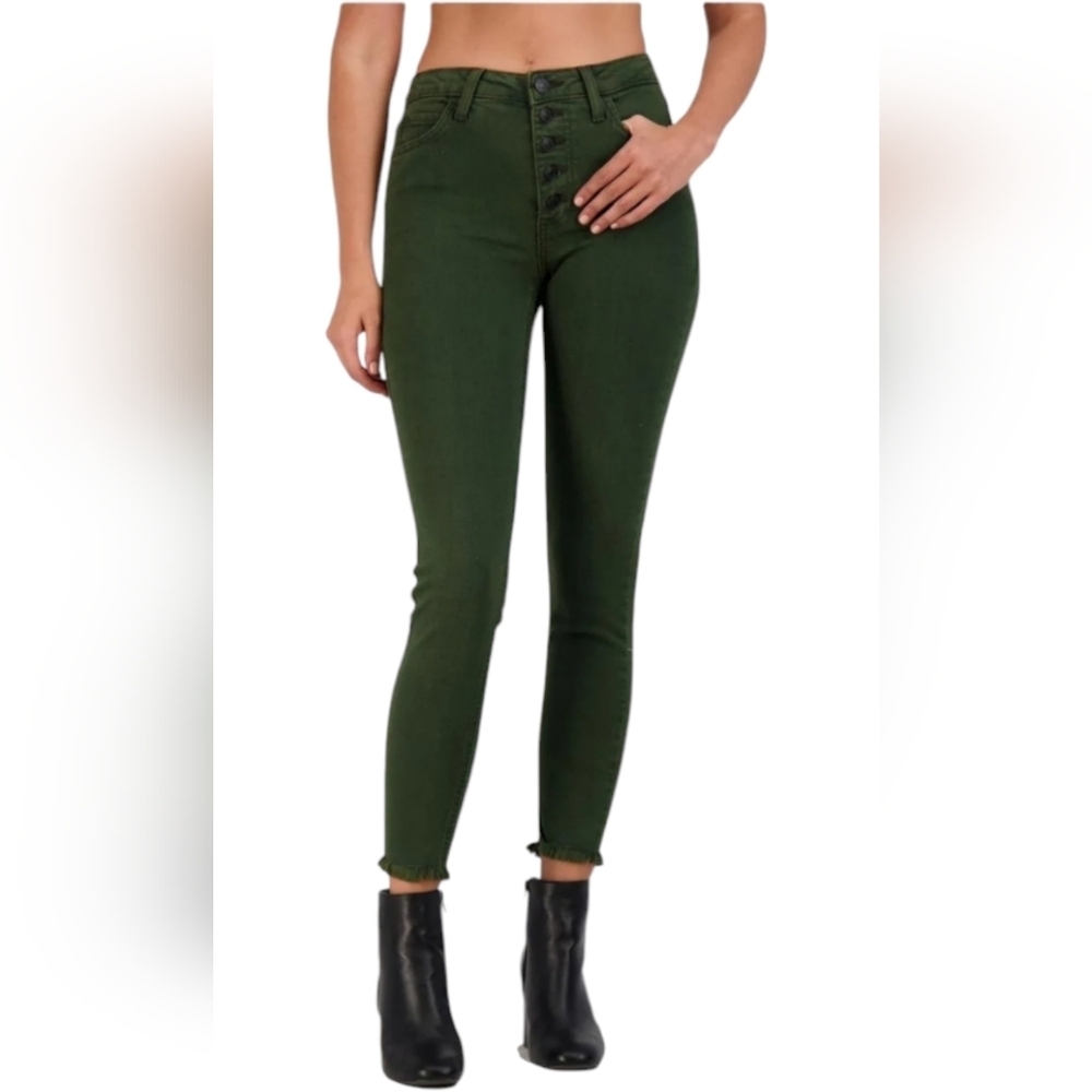 Just Black - NEW Frayed Ankles High-Waisted Button-Down Green Skinny Jeans​​​
